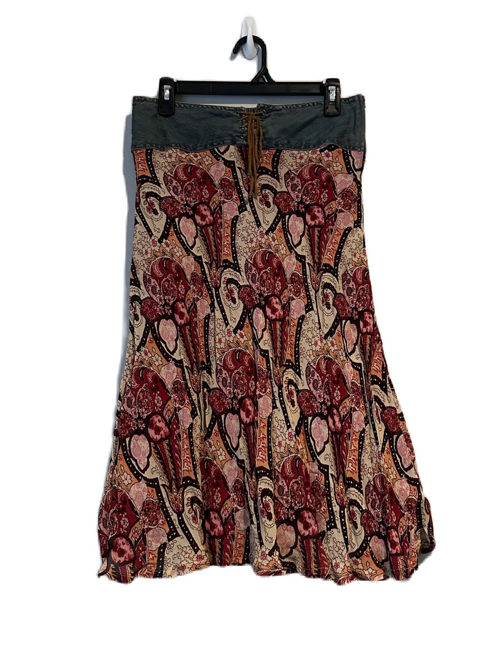 Faded Glory Red Pink Paisley Bohemian Lace Up Jean Denim 90s 2000s Midi Skirt
